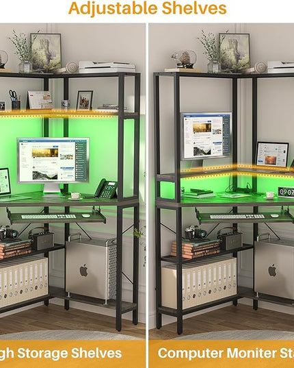Cyclysio Small Corner Desk with Hutch, Corner Gaming Desk with LED Light & Power Outlets, Computer Desk with Keyboard Tray, Triangel Desk for Small Space, Home Office, Workstation, Grey - LeafyLoom
