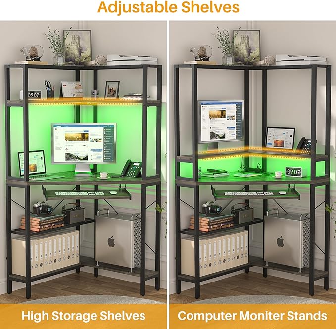 Cyclysio Small Corner Desk with Hutch, Corner Gaming Desk with LED Light & Power Outlets, Computer Desk with Keyboard Tray, Triangel Desk for Small Space, Home Office, Workstation, Grey - LeafyLoom