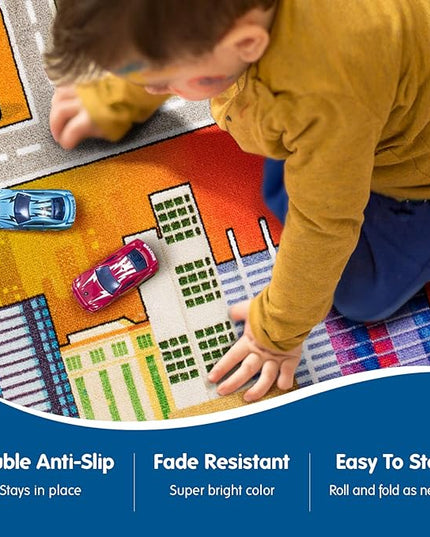 Booooom Jackson Kids Rug for Toy Cars 4.9x6.6ft Colorful Non Slip Kids Traffic Playmat for Playroom Bedroom Kids Room Classroom Kids Play Rug Area Rug Road Rug Blue Kids Play Carpet Race Track Mat - LeafyLoom