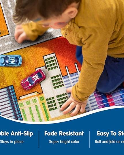 Booooom Jackson Kids Car Carpet Playmat Rug 3.3 x 6.6 ft,Car Mat for Kids Toy Cars,Road Rug,Buildings Parking Helipad Printed on,Kids Car Play Rug,Non-Slip Race Track Rug for Play Room Bedroom - LeafyLoom