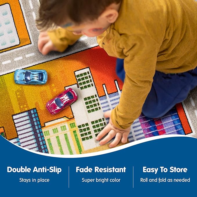 Booooom Jackson Kids Car Carpet Playmat Rug 3.3 x 6.6 ft,Car Mat for Kids Toy Cars,Road Rug,Buildings Parking Helipad Printed on,Kids Car Play Rug,Non-Slip Race Track Rug for Play Room Bedroom - LeafyLoom