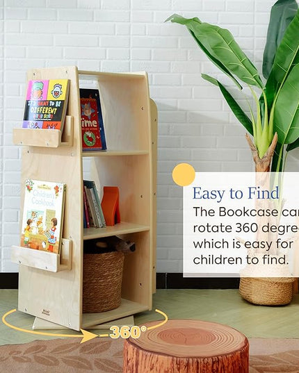 360 Degrees Rotating Bookcase Storage Organizer Wooden Display Bookshelf 3 Tier Floor Standing Bookshelves Open Design Storage Rack for Kids Children's Natural - LeafyLoom