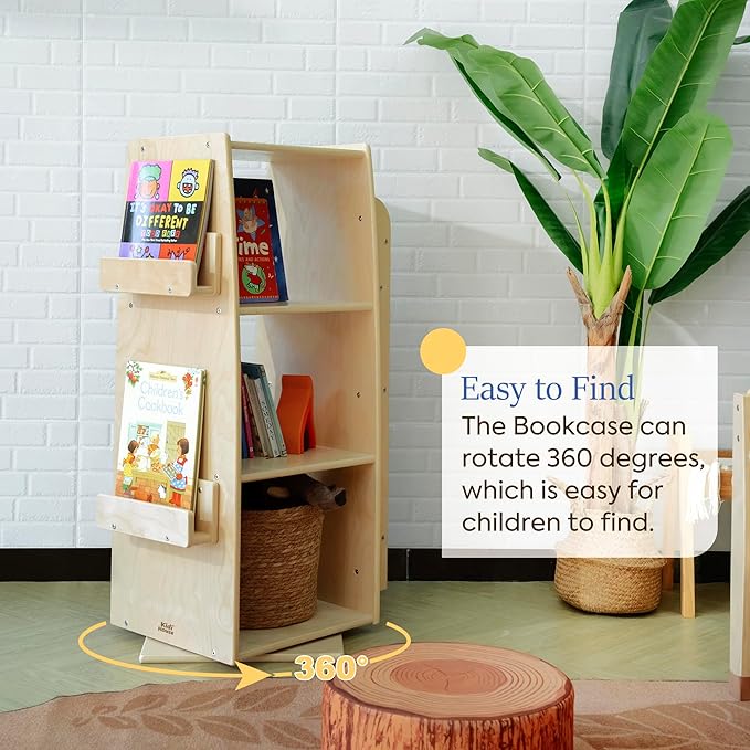 360 Degrees Rotating Bookcase Storage Organizer Wooden Display Bookshelf 3 Tier Floor Standing Bookshelves Open Design Storage Rack for Kids Children's Natural - LeafyLoom