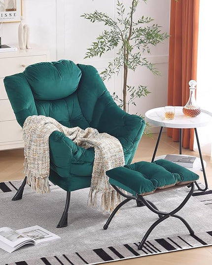 Oversized Chair with Ottoman, Modern Chair with Folding Footrest, Lounge Accent Chair, Comfortable Reading Chair for Bedroom, Study, Living Room, Courtyard (Dark Green) - LeafyLoom