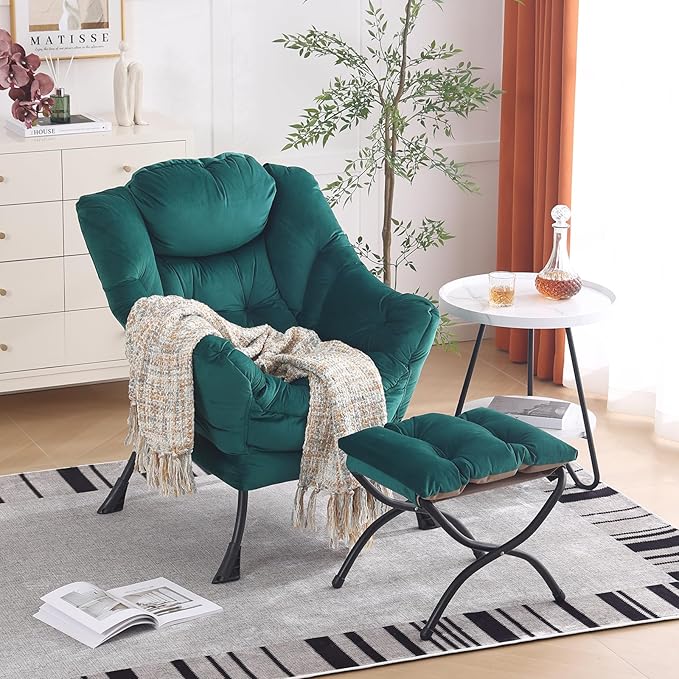 Oversized Chair with Ottoman, Modern Chair with Folding Footrest, Lounge Accent Chair, Comfortable Reading Chair for Bedroom, Study, Living Room, Courtyard (Dark Green) - LeafyLoom