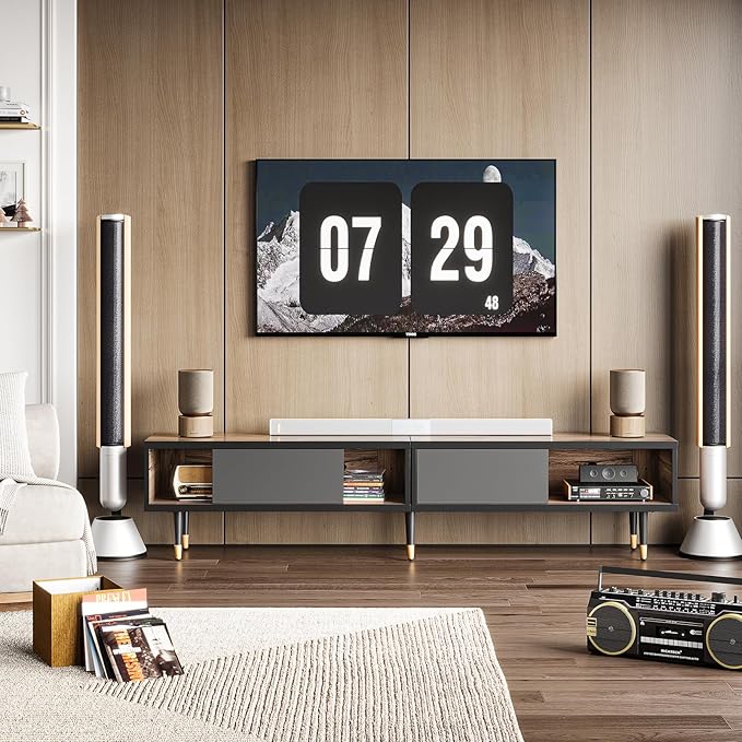 Bestier Mid Century Modern TV Stand for 85 inch tv, Entertainment Center with Storage and Sliding Doors, 2 in 1 Long TV Cabinet for Living Room, Pinewood - LeafyLoom