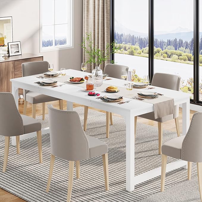 70.9 Inch Large Dining Table Rectangular Kitchen Furniture for 6 to 8 People, White - LeafyLoom