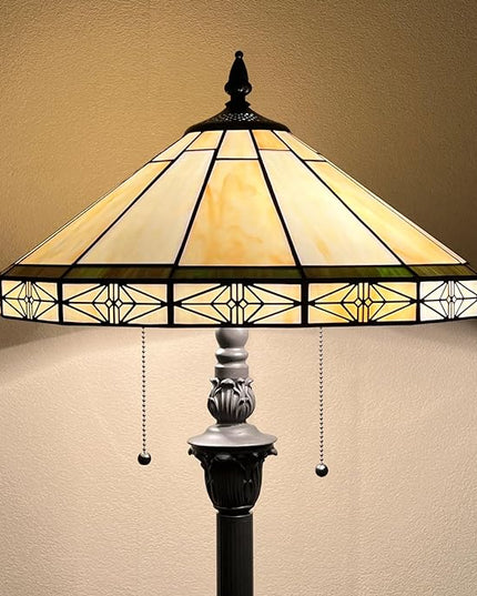 Capulina Tiffany Floor Lamp 2-Light 16x16x63 Inches Vintage Cream Style Stained Glass Standing Reading Lamp for Living Room Bedroom Office Home - LeafyLoom