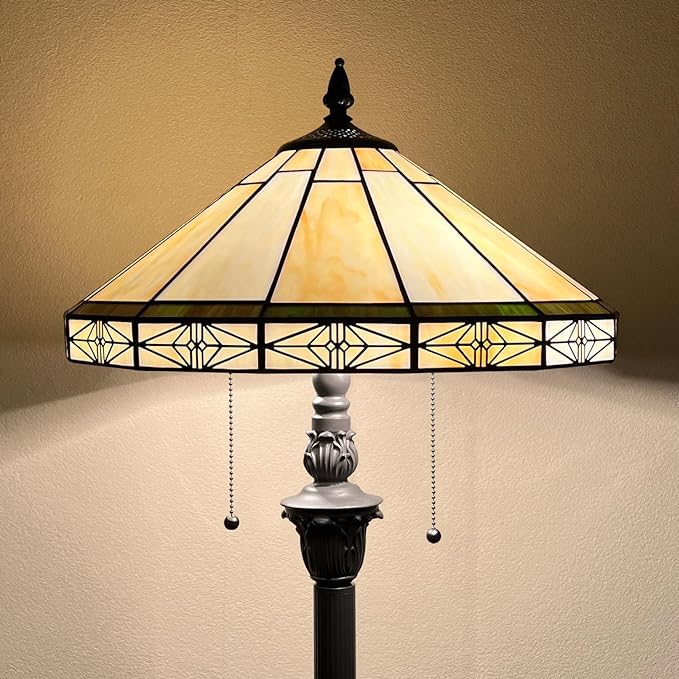 Capulina Tiffany Floor Lamp 2-Light 16x16x63 Inches Vintage Cream Style Stained Glass Standing Reading Lamp for Living Room Bedroom Office Home - LeafyLoom