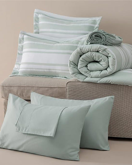Bedsure Bed in a Bag King Size 7 Pieces, Sage Green White Striped Bedding Comforter Sets All Season Bed Set, 2 Pillow Shams, Flat Sheet, Fitted Sheet and 2 Pillowcases - LeafyLoom
