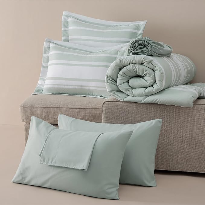 Bedsure Bed in a Bag California King Size 7 Pieces, Sage Green White Striped Bedding Comforter Sets All Season Bed Set, 2 Pillow Shams, Flat Sheet, Fitted Sheet and 2 Pillowcases - LeafyLoom