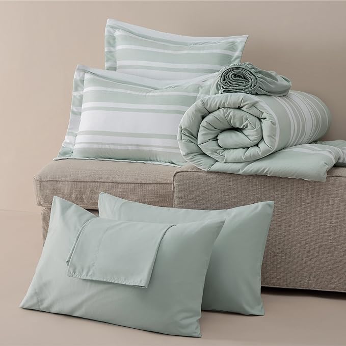 Bedsure Bed in a Bag Full Size 7 Pieces, Sage Green White Striped Bedding Comforter Sets All Season Bed Set, 2 Pillow Shams, Flat Sheet, Fitted Sheet and 2 Pillowcases - LeafyLoom