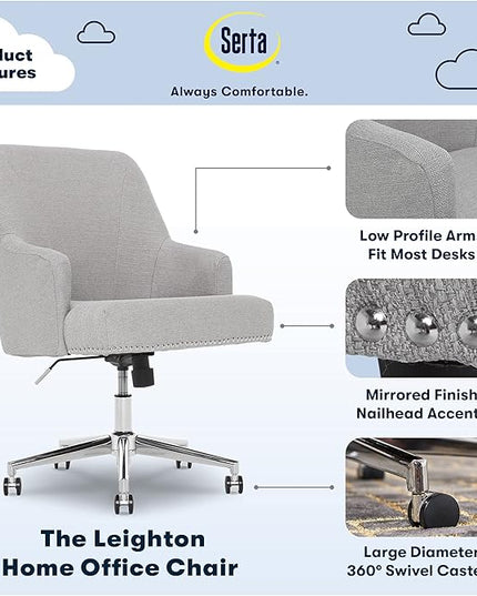 Serta Leighton Modern Office Chair, Stylish Mid-Back Desk Chair, Rivet Detail, Serta Quality Memory Foam, Armchair with Wheels, Vanity Chair, Swivel Chrome Metal Base, Twill Fabric, Light Gray - LeafyLoom