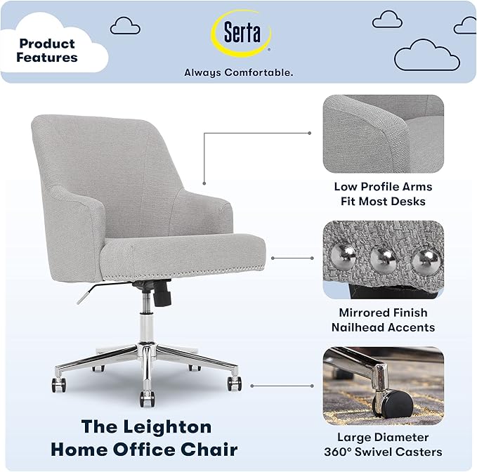 Serta Leighton Modern Office Chair, Stylish Mid-Back Desk Chair, Rivet Detail, Serta Quality Memory Foam, Armchair with Wheels, Vanity Chair, Swivel Chrome Metal Base, Twill Fabric, Light Gray - LeafyLoom