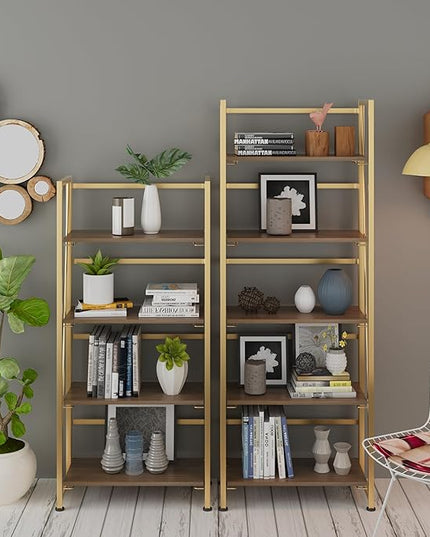 No-Assembly Folding Gold Bookshelf Storage Shelves 5 Tiers Vintage Multifunctional Plant Flower Stand Storage Rack Shelves Bookcase for Home Office - LeafyLoom