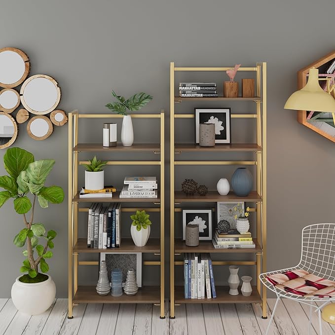 No-Assembly Folding Gold Bookshelf Storage Shelves 5 Tiers Vintage Multifunctional Plant Flower Stand Storage Rack Shelves Bookcase for Home Office - LeafyLoom