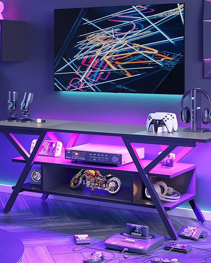 Bestier LED Entertainment Center Gaming TV Stand 55 inch for TV up to 65 in, Game Console Table W/Storage for Living Room Bedroom 20 Dynamic RGB Modes TV Console for PS5, Carbon Fiber Black - LeafyLoom