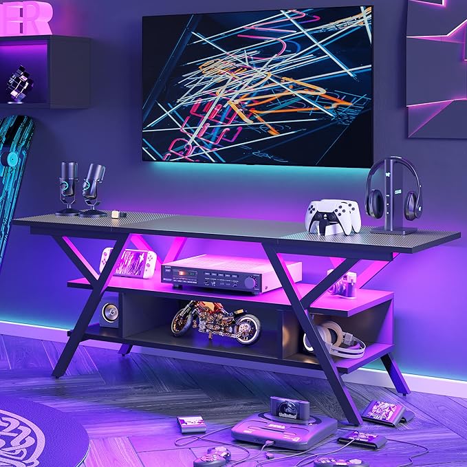Bestier LED Entertainment Center Gaming TV Stand 55 inch for TV up to 65 in, Game Console Table W/Storage for Living Room Bedroom 20 Dynamic RGB Modes TV Console for PS5, Carbon Fiber Black - LeafyLoom