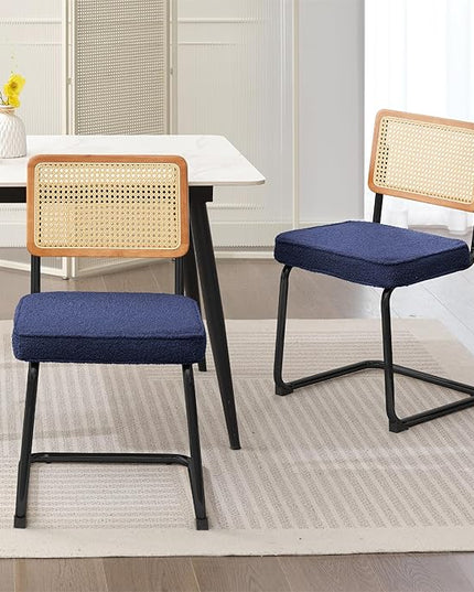Rattan Dining Chairs Set of 2, Mid Century Modern Sherpa Dining Room Kitchen Chairs with Cane Back, Metal Chrome Legs, Upholstered Wicker Armless Accent Chairs, Blue - LeafyLoom