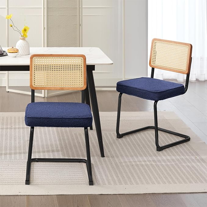 Rattan Dining Chairs Set of 2, Mid Century Modern Sherpa Dining Room Kitchen Chairs with Cane Back, Metal Chrome Legs, Upholstered Wicker Armless Accent Chairs, Blue - LeafyLoom