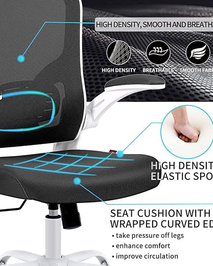 Ergonomic Office Desk Chair Breathable Mesh Swivel Computer Chair, Lumbar Back Support Task Chair, Office Chairs with Wheels and Flip-up Arms, Adjustable Height (White & Black) - LeafyLoom