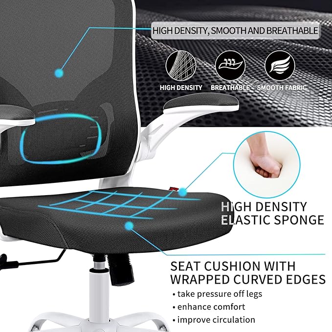 Ergonomic Office Desk Chair Breathable Mesh Swivel Computer Chair, Lumbar Back Support Task Chair, Office Chairs with Wheels and Flip-up Arms, Adjustable Height (White & Black) - LeafyLoom