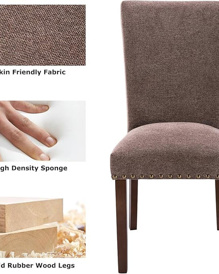 COLAMY Upholstered Parsons Dining Chairs Set of 4, Fabric Dining Room Kitchen Side Chair with Nailhead Trim and Wood Legs - Brown - LeafyLoom