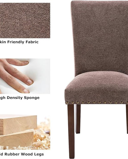 COLAMY Upholstered Parsons Dining Chairs Set of 2, Fabric Dining Room Kitchen Side Chair with Nailhead Trim and Wood Legs - Brown - LeafyLoom