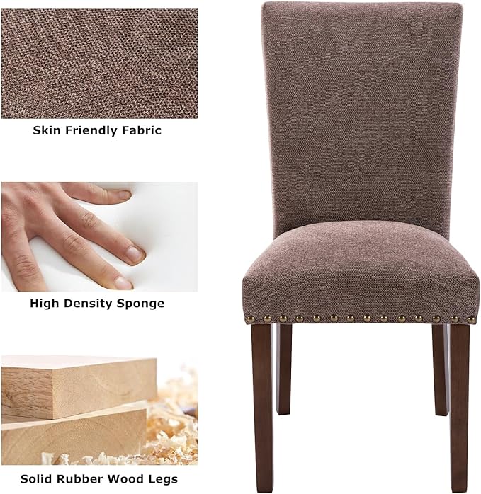 COLAMY Upholstered Parsons Dining Chairs Set of 2, Fabric Dining Room Kitchen Side Chair with Nailhead Trim and Wood Legs - Brown - LeafyLoom