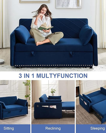 New Model 3-in-1 Sleeper USB Port Adjustable Velvet Convertible Sofa with Pull Out Bed, 2 Pillows & Side Pocket – Ideal for Living Room and Bedroom, Blue - LeafyLoom