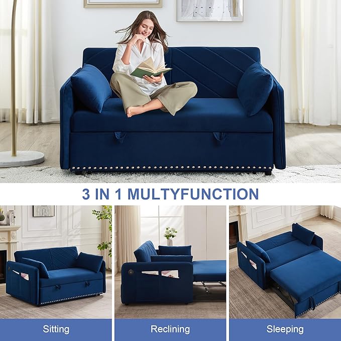 New Model 3-in-1 Sleeper USB Port Adjustable Velvet Convertible Sofa with Pull Out Bed, 2 Pillows & Side Pocket – Ideal for Living Room and Bedroom, Blue - LeafyLoom