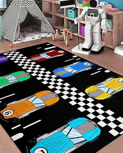 Race Car Rug Kids Play Area Rugs Race Car Track Rug Kids Rug with Roads and Tracks Car Track Carpet Car Rug for Boys Room Race Car Room Decor for Boys,Black 4'5''×6' - LeafyLoom