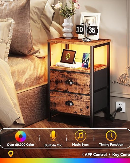 Furologee Nightstand with Charging Station, End Table with LED Lights, Bedside Table with USB Ports & Outlets, Night Stands with 2 Drawers, Side Table for Living Room/Bedroom - LeafyLoom