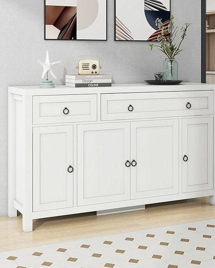 59.1" Retro Style Large Storage Space Sideboard with Flip Door and 1 Drawer,Multifunctional Buffet, w/ 4 Height-Adjustable Cabinets,for Dining, Living Room,Antique White - LeafyLoom