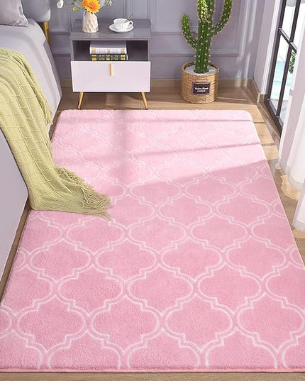 Chicrug Shag Geometric Modern Area Rug for Living Room, 7x10 Feet Large Memory Foam Indoor Carpet, Fluffy Rug for Bedroom Bedside Room Decor for Family Girls Kids Nursery, Pink/White - LeafyLoom