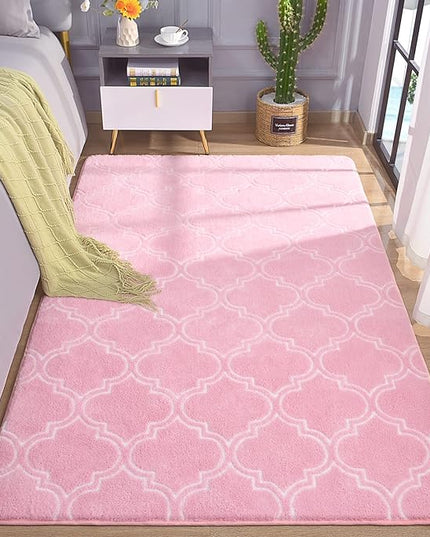 Chicrug Shag Geometric Modern Area Rug for Bedroom, 3x5 Feet Memory Foam Indoor Carpet, Fluffy Rug for Living Room Bedside Room Decor for Family Girls Kids Nursery Play Mat, Pink/White - LeafyLoom
