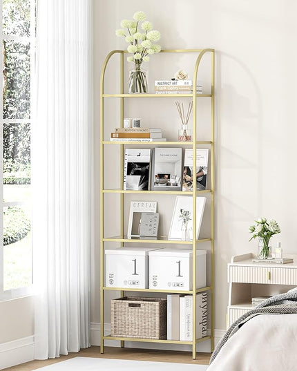 Bookcase Bookshelf, Tempered Glass Arched Bookshelf for More Storage, Slim Shelving Unit for Bedroom, Bathroom, Home Office, Steel Frame, Wide 6 Tier Gold BC22699G - LeafyLoom