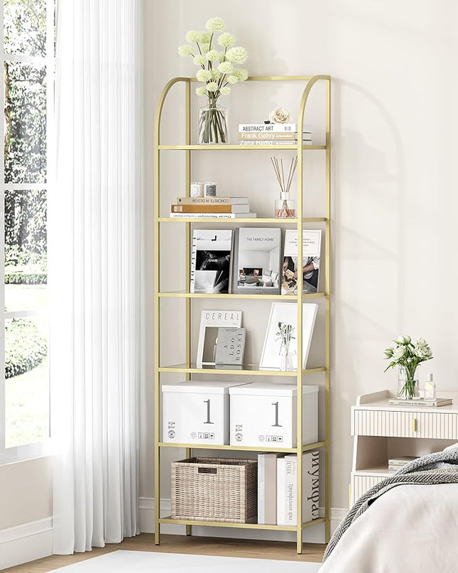 Bookcase Bookshelf, Tempered Glass Arched Bookshelf for More Storage, Slim Shelving Unit for Bedroom, Bathroom, Home Office, Steel Frame, Wide 6 Tier Gold BC22699G - LeafyLoom