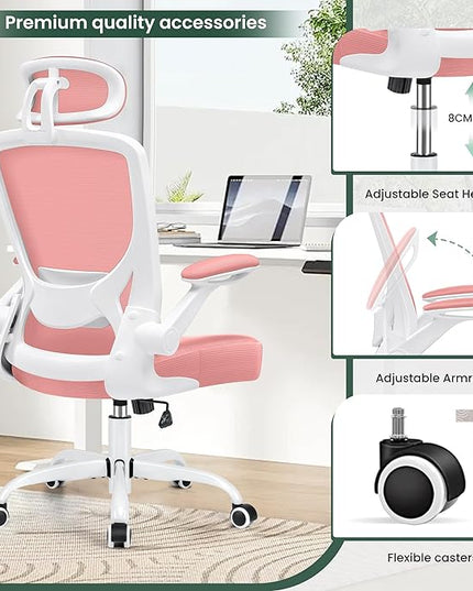 KERDOM Ergonomic Office Chair, Lumbar Support Computer Chair with Headrest and Flip-up Arms, Breathable Mesh Desk Chair, Swivel Task Chair, Adjustable Height Gaming Chair, Pink - LeafyLoom