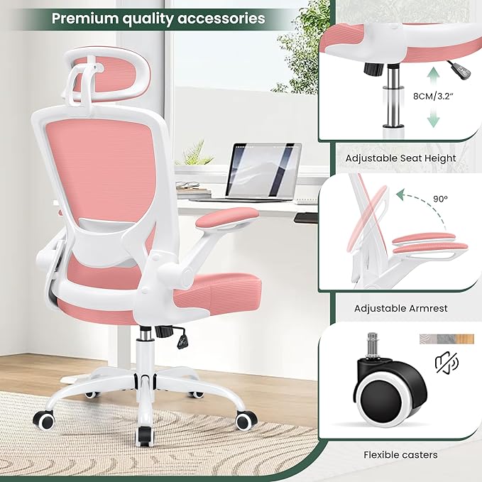 KERDOM Ergonomic Office Chair, Lumbar Support Computer Chair with Headrest and Flip-up Arms, Breathable Mesh Desk Chair, Swivel Task Chair, Adjustable Height Gaming Chair, Pink - LeafyLoom