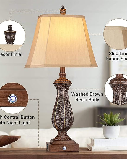 WIHTU 3-Way Dimmable Table Lamps for Bedrooms Set of 2, 30" H Touch Lamps for Living Room with USB & Type-C Ports, Brown Mermaid Bedside Lamp for Nightstand, Resin Farmhouse Rustic Lamp with 2 Bulb - LeafyLoom