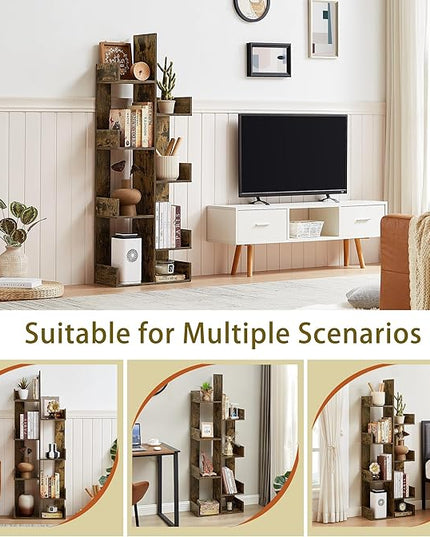 VECELO Tree Bookshelf, Geometric 8 Shelf Tree Bookcase Wood Bookshelves Display,Tree-Shaped Shelf Racks Organizer for Books,Magazines,CDs and Decors for LivingRoom Bedroom Studyroom Home Office,Brown - LeafyLoom