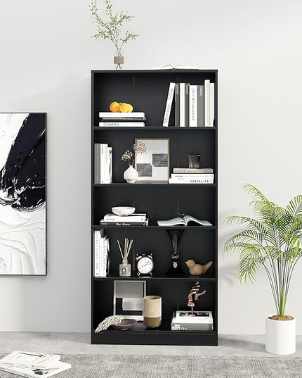 5-Tier Bookshelf, Wood Display Storage Shelves 67.3" Tall Bookcase Open Bookshelf for Home Office, Living Room and Bedroom, Black - LeafyLoom