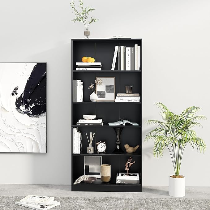 5-Tier Bookshelf, Wood Display Storage Shelves 67.3" Tall Bookcase Open Bookshelf for Home Office, Living Room and Bedroom, Black - LeafyLoom