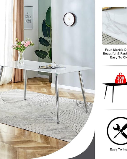 NicBex Modern Minimalist Rectangular Dining Table with 0.4 Inch White Imitation Marble Tabletop and Silver Metal Legs Suitable for Kitchens, Restaurants, and Living Rooms, White - LeafyLoom