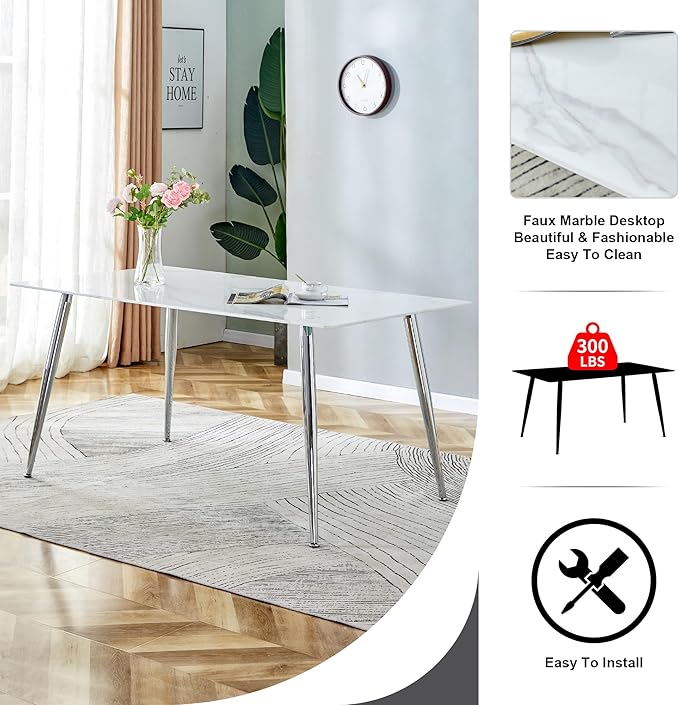NicBex Modern Minimalist Rectangular Dining Table with 0.4 Inch White Imitation Marble Tabletop and Silver Metal Legs Suitable for Kitchens, Restaurants, and Living Rooms, White - LeafyLoom