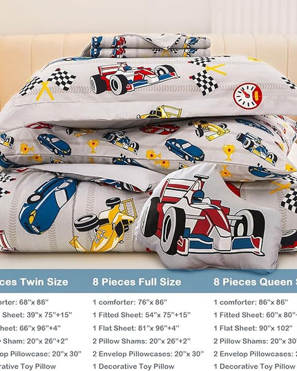 Mooreeke Full Size Comforter Sets for Boys Kids, 8 Pieces Bed in a Bag Racing Car Bedding Comforter Sheet Set with Shams and Decorative Toy Pillow, Ultral Soft Microfiber Kids Bed Set - LeafyLoom
