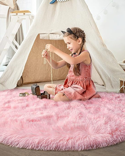 Pink Round Rug for Bedroom, Super Fluffy Circle Rugs for Baby Nursery, 5'X5' Feet Furry Carpet for Children Kids Room, Cute Soft Shaggy Rug for Girls Home Decor, Fuzzy Plush Carpets for Dorm - LeafyLoom