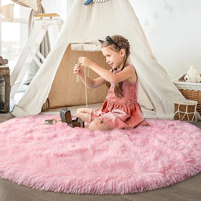Pink Round Rug for Bedroom, Super Fluffy Circle Rugs for Baby Nursery, 5'X5' Feet Furry Carpet for Children Kids Room, Cute Soft Shaggy Rug for Girls Home Decor, Fuzzy Plush Carpets for Dorm - LeafyLoom