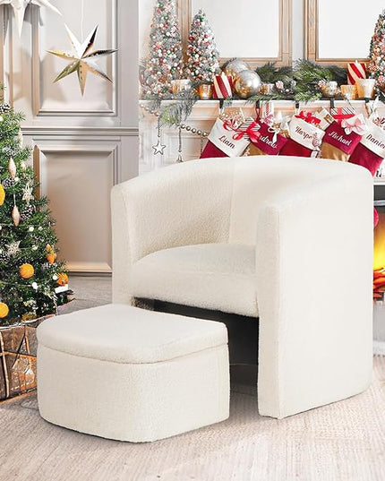 COLAMY Upholstered Sherpa Barrel Accent Chair with Storage Ottoman, Morden Living Room Side Chair, Armchair for Bedroom/Reading Spaces/Office, Craem - LeafyLoom